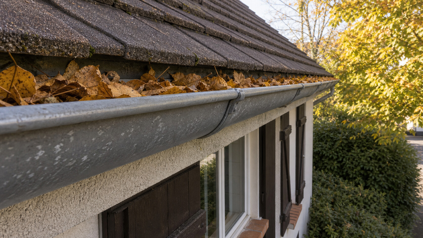 Gouttière visible depuis le sol avec feuilles accumulées