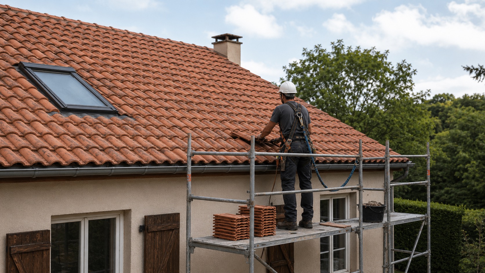 Couvreur équipé sur un échafaudage devant une toiture